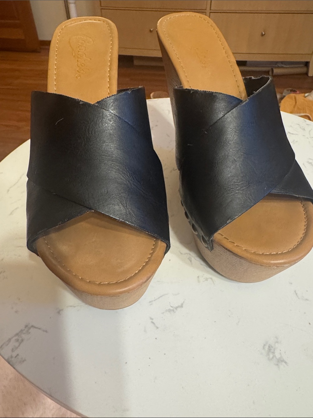 Candie's Black Cross-Band Wedge Slide Sandals - Picture 3 of 10